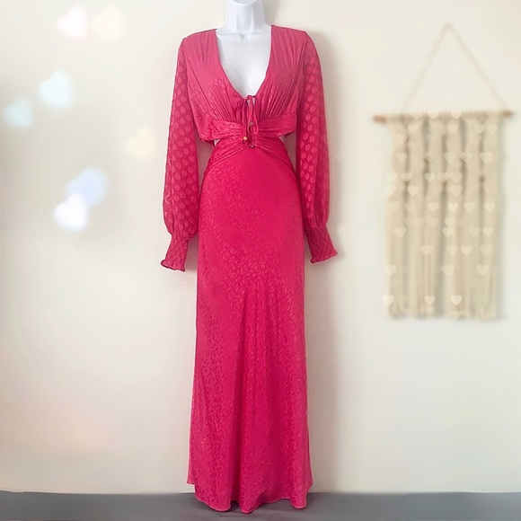 Satin Hot Pink Cut-Out Maxi Dress Sheer Floral Statement Sleeve V-Neck Hearts 8 - Picture 1 of 10